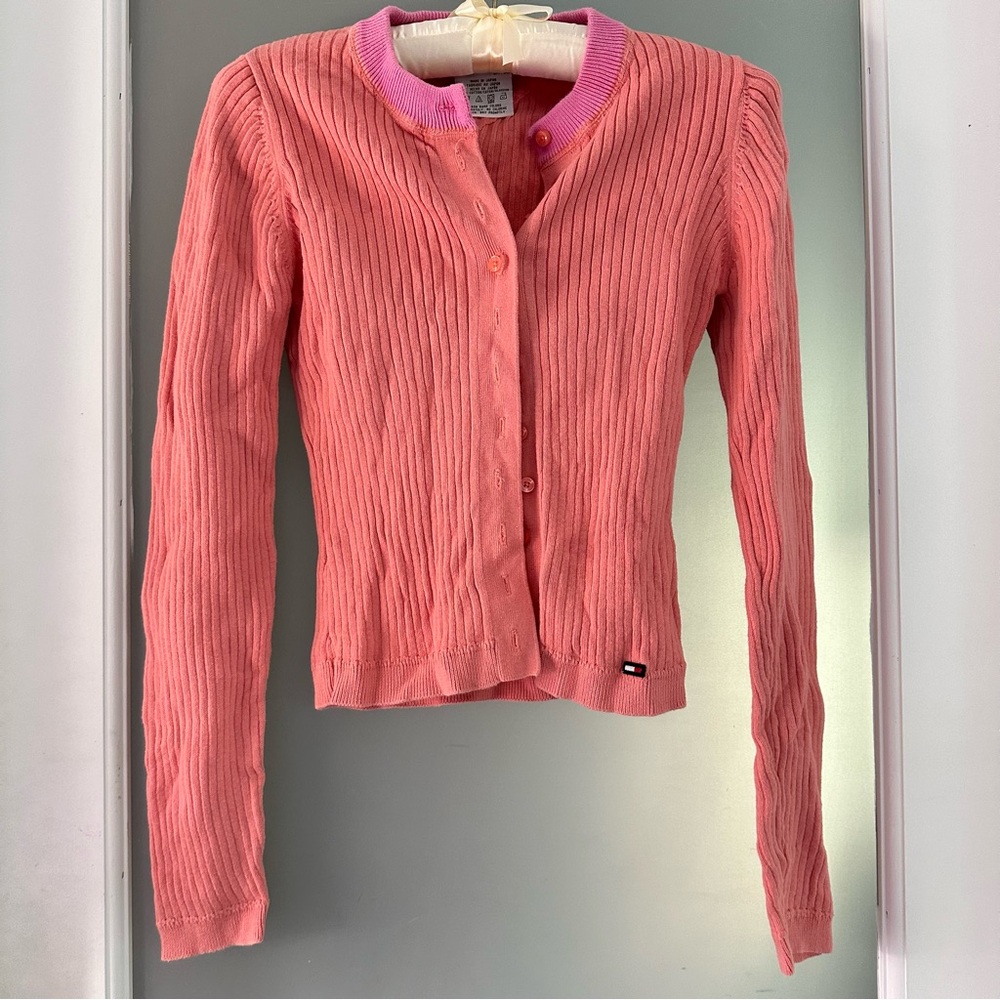 Tommy Hilfiger Coral Ribbed Cardigan w pink trim - Picture 1 of 7